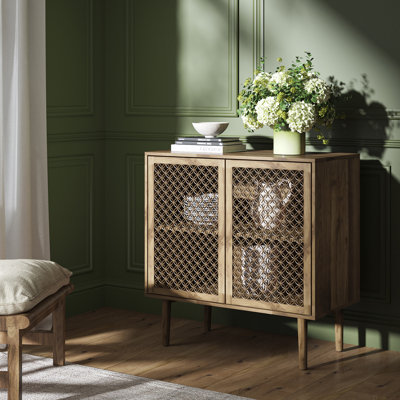 Fabion Modern 31.5''W Built-in LED Lights Wood-carved 2-Door Accent Cabinet with Metal Legs