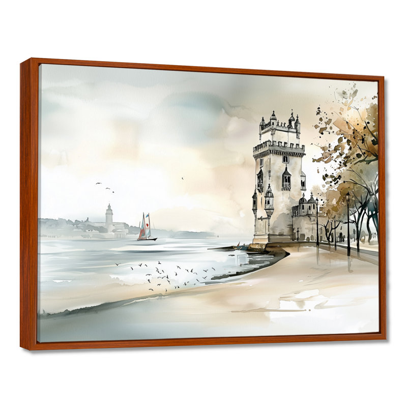 Belm Tower In Portugal - Portugal, art mural pour le salon, H 12 po x l 20 po, Cadre flottant brun