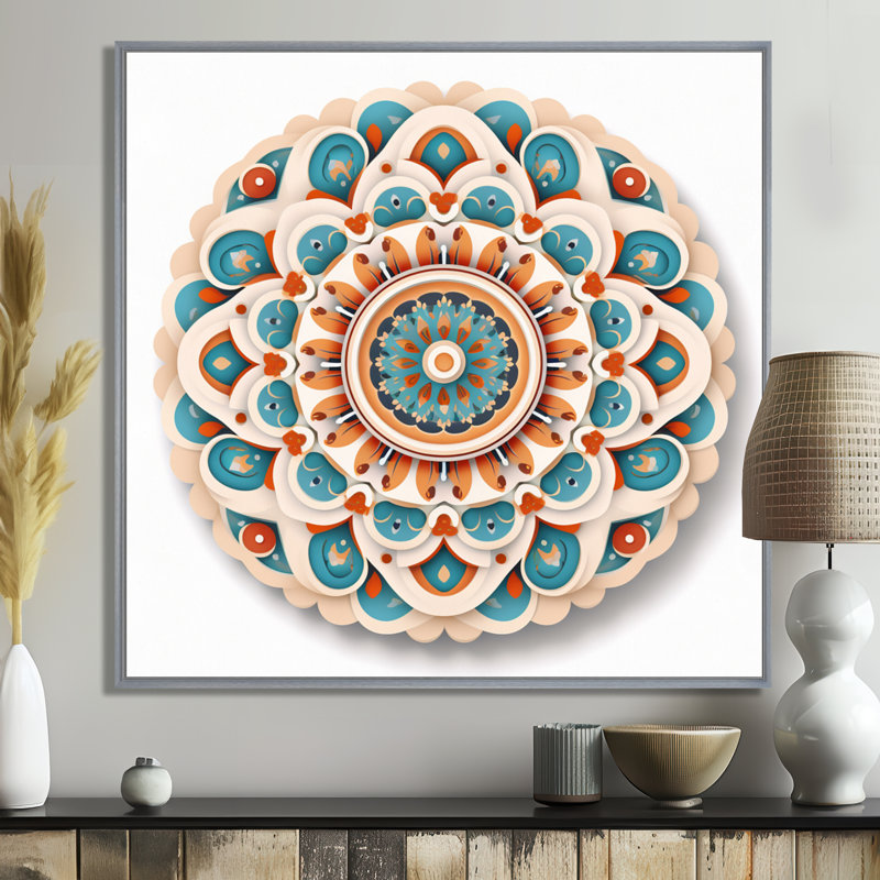 Mandala sacré en rétro bleu et orange - art mural Mandala Boho, 16" H x 16" W, Cadre argenté flottant