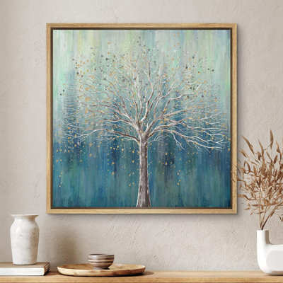 Teal Dots On A Tree Nature Illustration Modern Art Rustic Relax Calm Wall Art Framed Canvas Prints