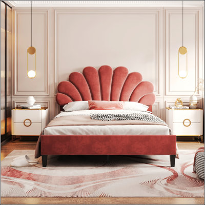 Floral Pattern Velvet Upholstered Platform Bed with Support Wood Slats, No Box Spring Needed, One-Package Shipment Easy Assembly