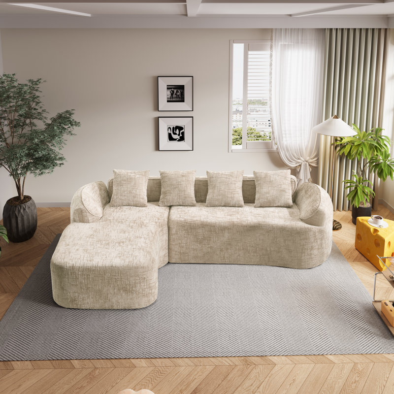 Canapé modulaire en forme de L sans accoudoirs en chenille avec accoudoirs courbés et 4 coussins en chenille
