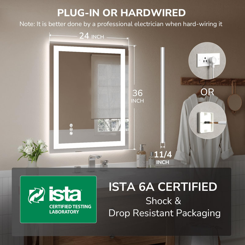 Frameless LED Bathroom Mirror 36x24 Inch, Tempered Glass, Wall-Mounted Vanity Mirror with Anti-Fog, 3 Colors Dimmable Light, Memory Function