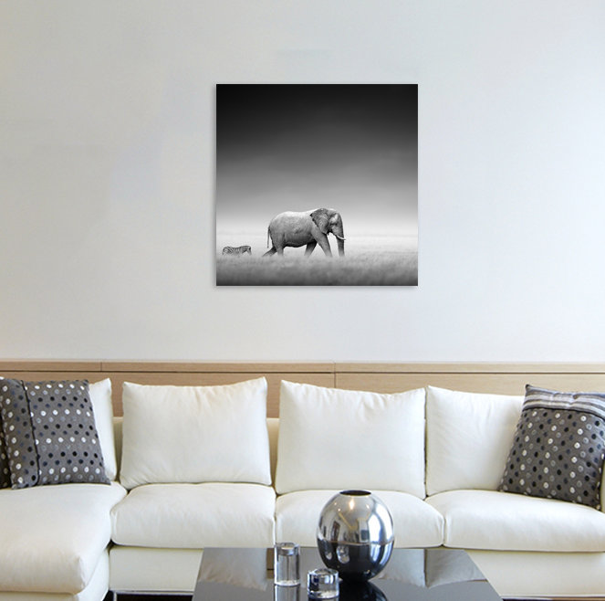 Gerahmtes Leinwandbild Elefant und Zebra