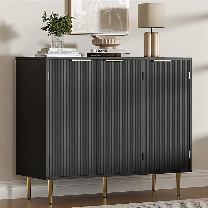 Fluted Buffet Sideboard With 3 Doors, Modern Accent Cabinet With Adjustable Shelves, Kitchen Storage With Golden Handles, Coffee Bar For Kitchen, Dining Room