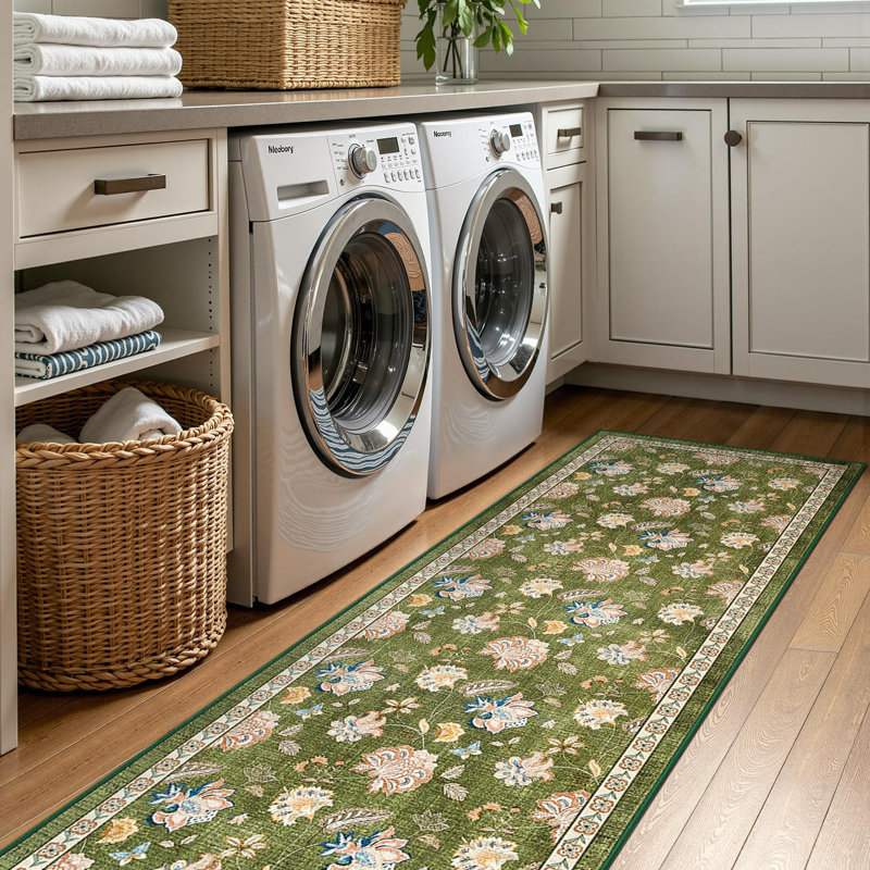 Chinoiserie Floral Rug Vintage Romance Design Washable Non-slip Green, Runner 3' x 8', Green