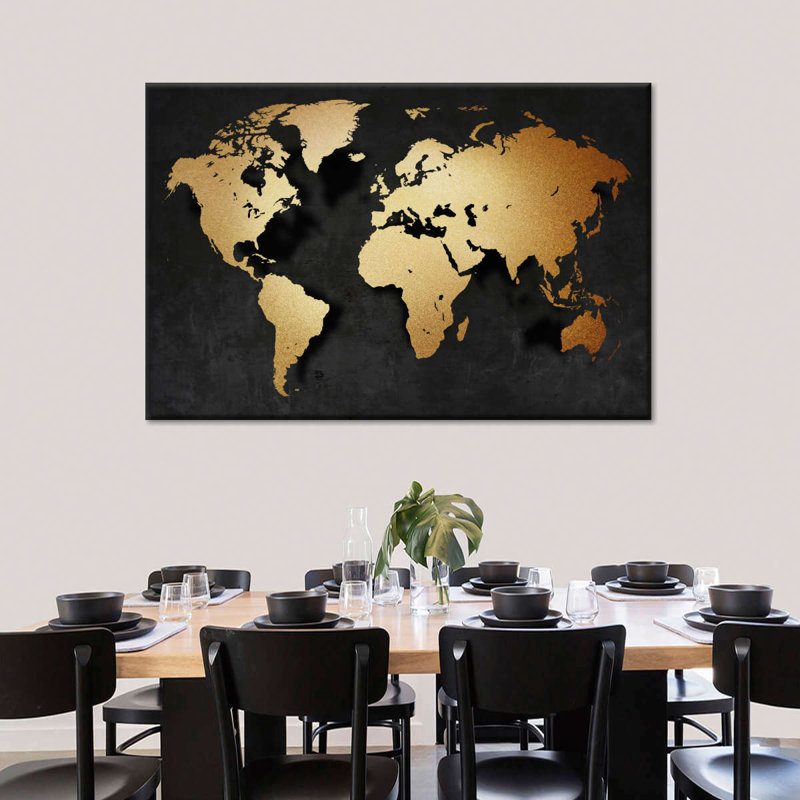 «World Map Gold Map», reproduction sur toile, H 32 po x l 48 po x P 1,25 po