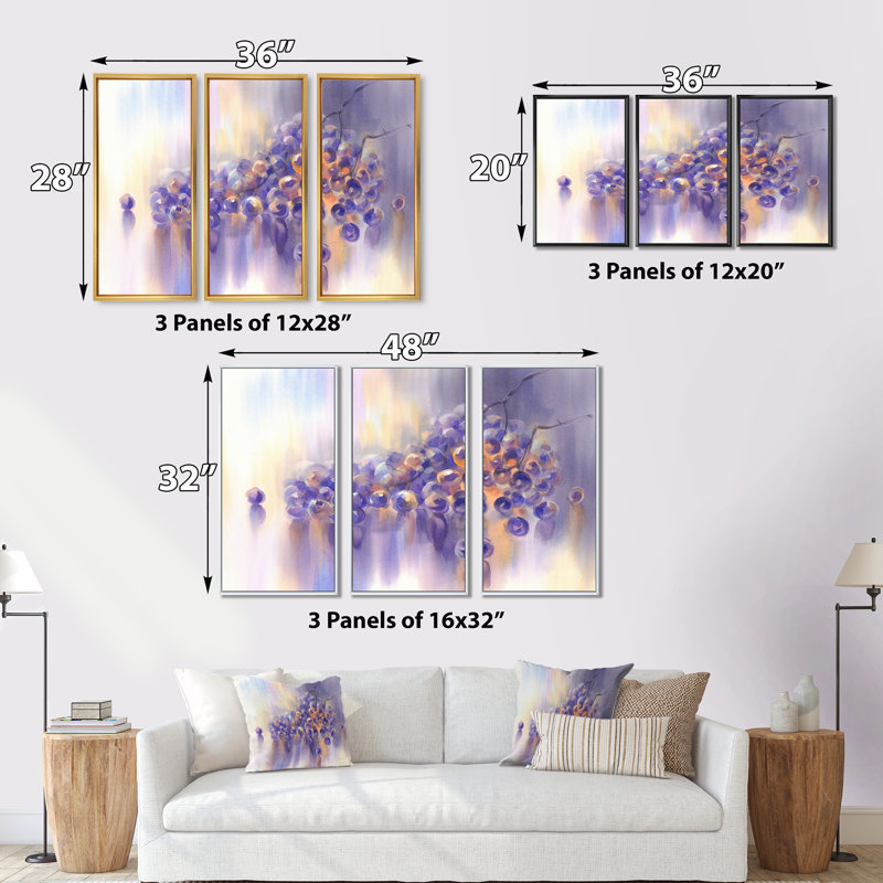 «Painted Impression of Bunch of Purple Grapes», ensemble de 3 reproductions encadrées sur toile, H 32 po x l 48 po x P 1 po