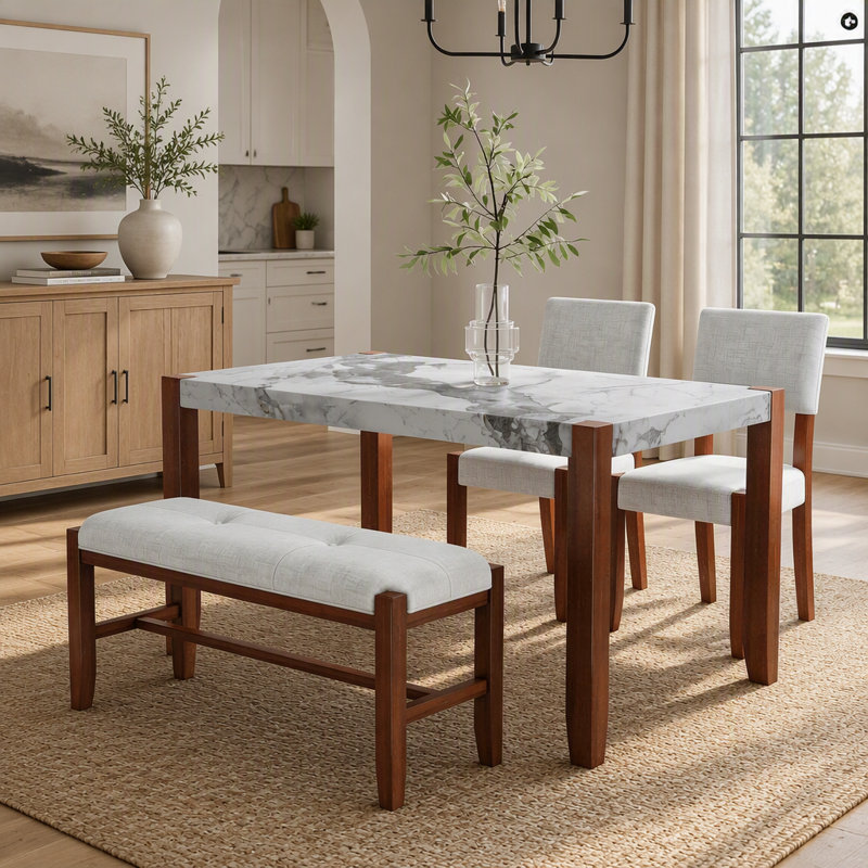 Ensemble de salle à manger 4 pièces avec table en marbre, chaises rembourrées et banc, conception peu encombrante pour les salles à manger modernes