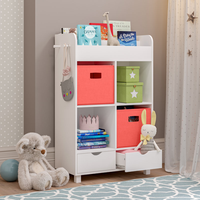 White and Coral Kids' Cubby Bookshelf with Storage Bins