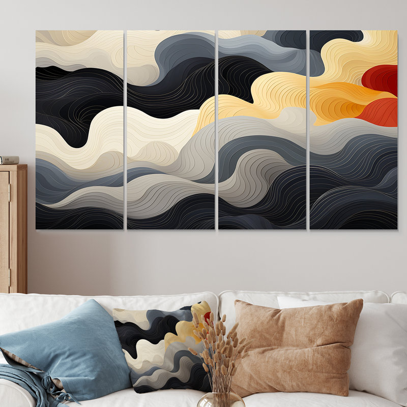Orage solaire noir et orange - art abstrait 4 pièces, H 28 po x l 48 po