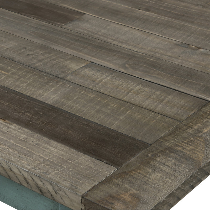Banc de salle à manger bleu patiné avec siège en grain de bois naturel - revêtement blanc antique