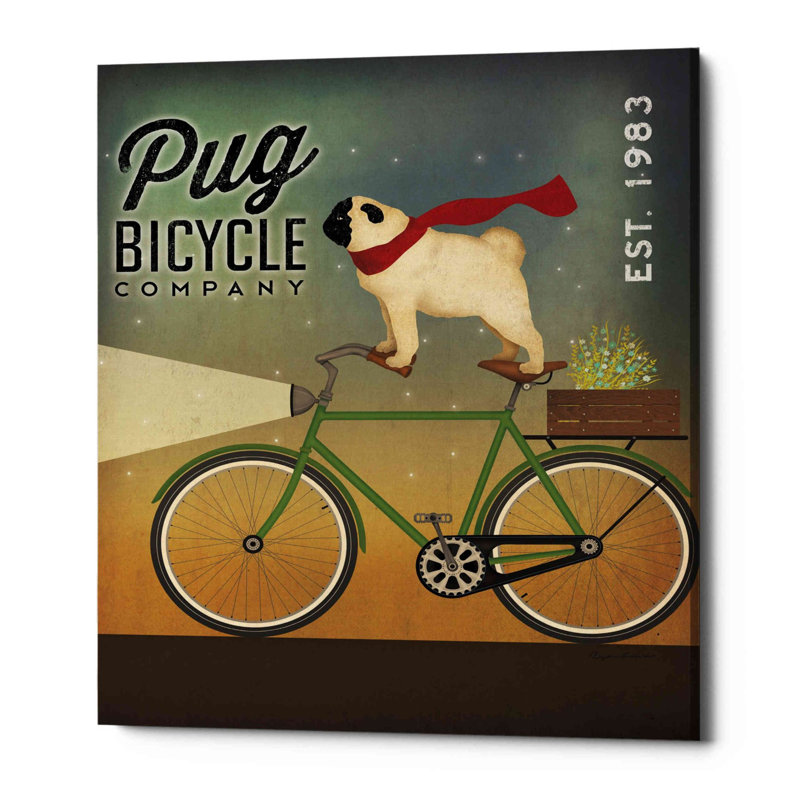 «Pug on a Bike» par Ryan Fowler, art mural sur toile, H 54 po x l 40 po x P 1,5 po