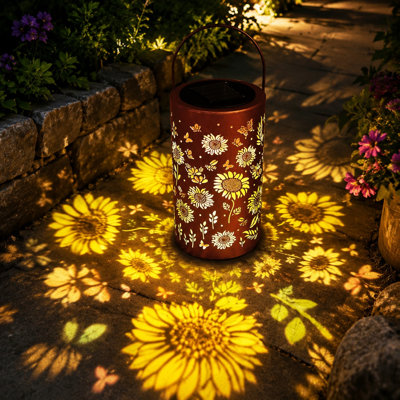 A waterproof sunflower solar lantern uses a hanging metal design for outdoor yard, patio, backyard, or porch decoration and is positioned as a birthday gift for women, Mom, or Grandma.