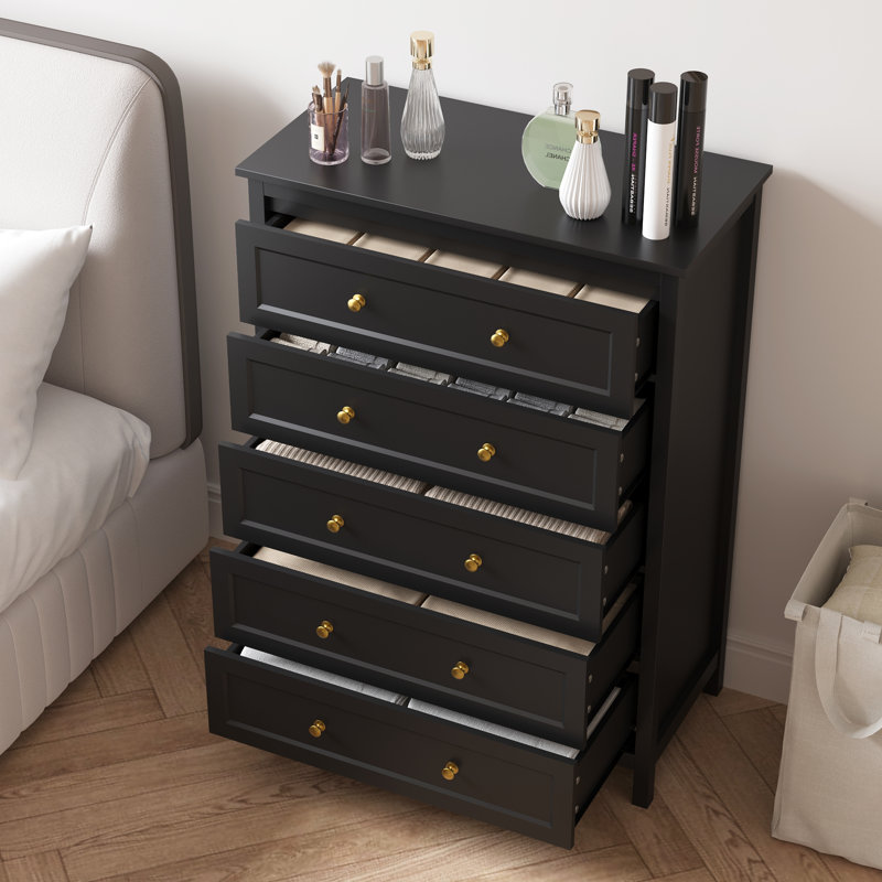 Commode 5 tiroirs pour chambre à coucher, commode de 42 po de hauteur avec poignées dorées, armoire de rangement moderne en bois pour le salon et le placard, noir