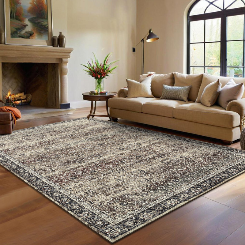 Washable Area Rug Vintage Rug Non Shedding Non Slip Rug Soft Low Pile Thin Rug, Distressed Floral Rug, Retro Oriental Rug, Decorative Printed Rug for Living Room Bedroom