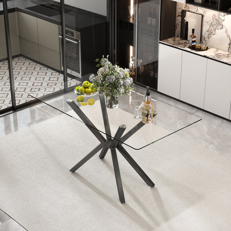Table de salle à manger moderne en verre trempé de 47,24 po avec plateau en verre trempé et pieds en métal - Design minimaliste contemporain, idéal pour la salle à manger, la cuisine ou les petits espaces 