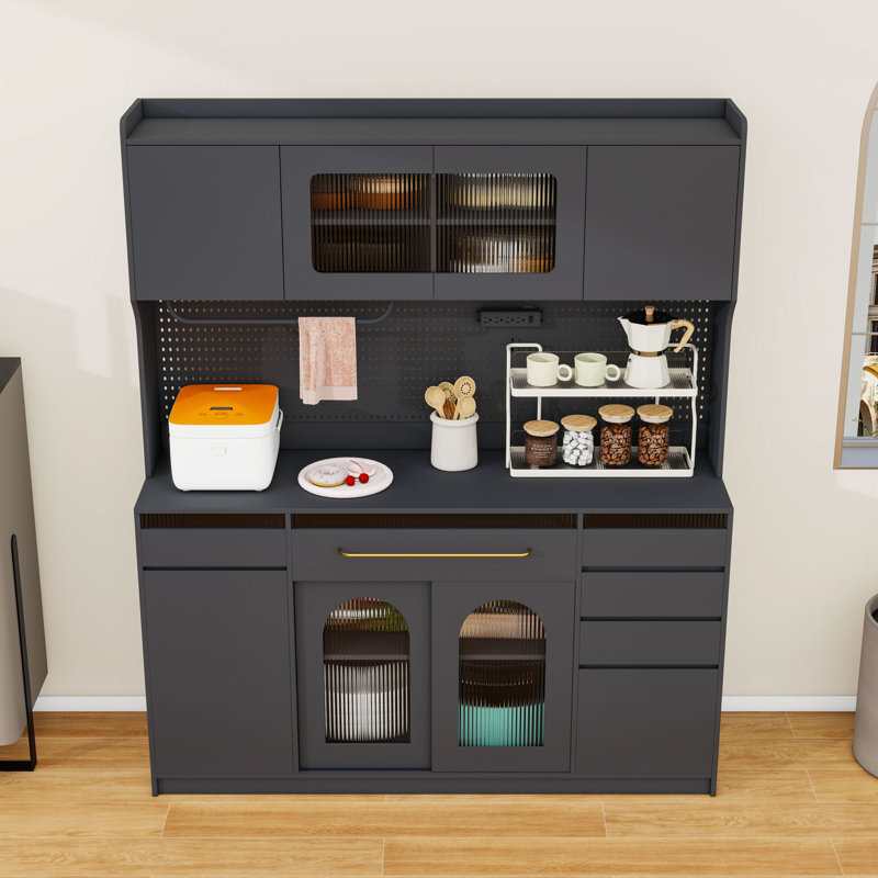 Buffet avec prise de courant, tiroirs de rangement, armoire et tablettes, Noir