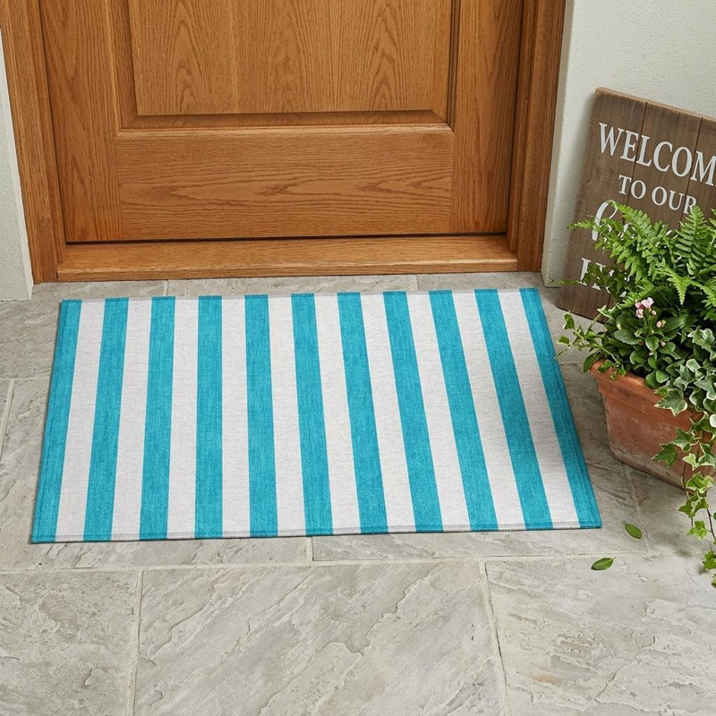 Tapis extérieur antidérapant lavable à rayures bleu sarcelle 2 pi x 3 pi