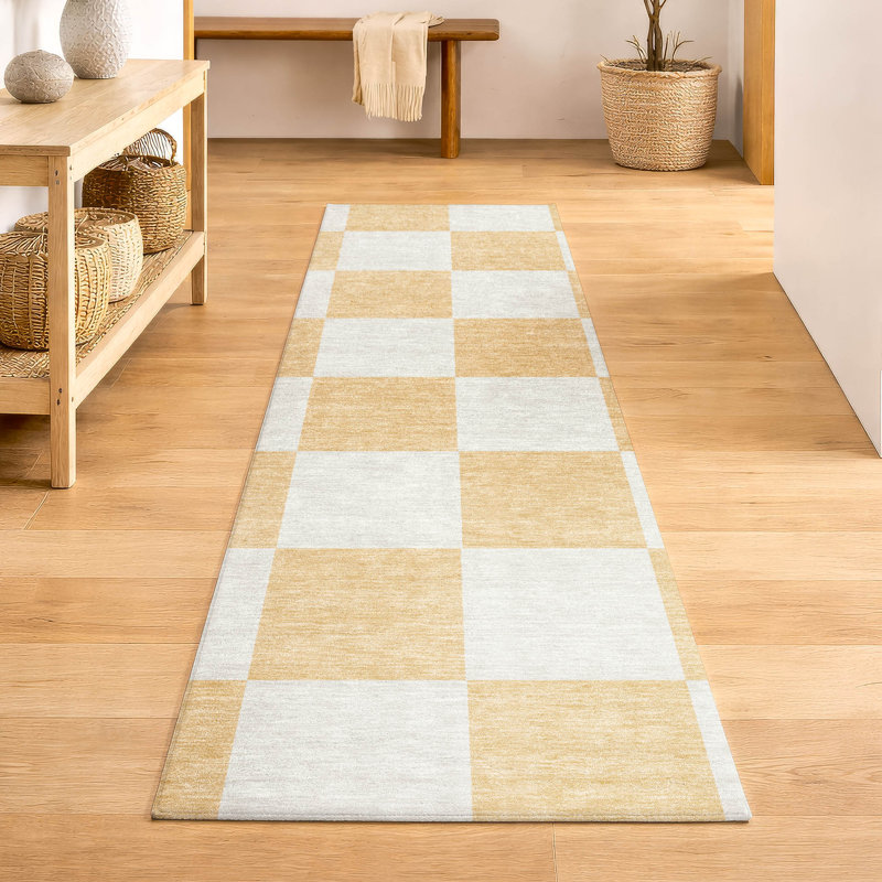 Tapis géométrique lavable à la machine de qualité supérieure Mayfield AMF2345, Pêche, Tapis de couloir 2 pi 3 po x 7 pi 6 po