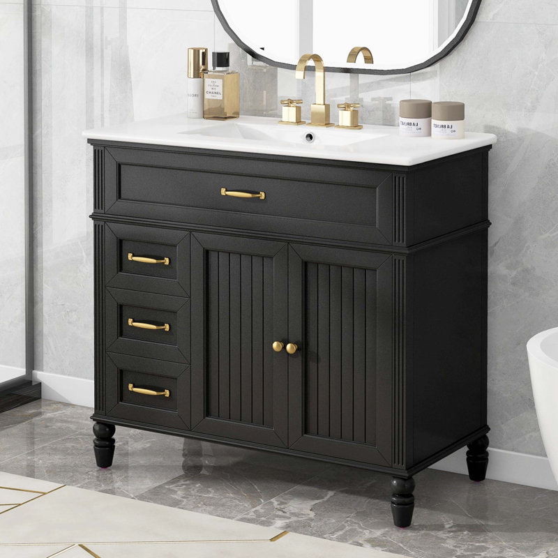 Meuble-lavabo 36 po avec lavabo, armoire de rangement avec tiroirs, structure en bois massif et panneau de fibres à densité moyenne, un paquet, noir