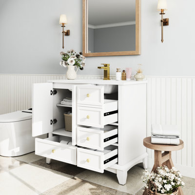 Meuble-lavabo de 35,6 po, style Mid-Century, autoportant, finition peinte, grand espace de rangement, lavabo profond, tablettes réglables, surface d'usure intégrée White Century, blanc, facile à installer