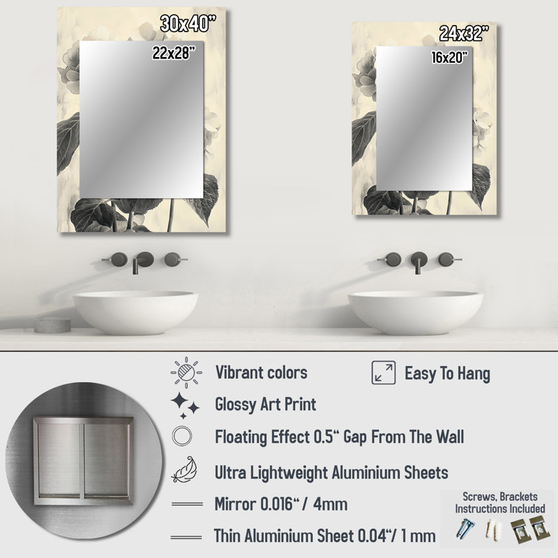 Vintage Hydrangeas In Winter Highlight I - Hydrangea Decorative Mirror, Traditional Wall Mirror, Printed Metal Art, 32" x 24"