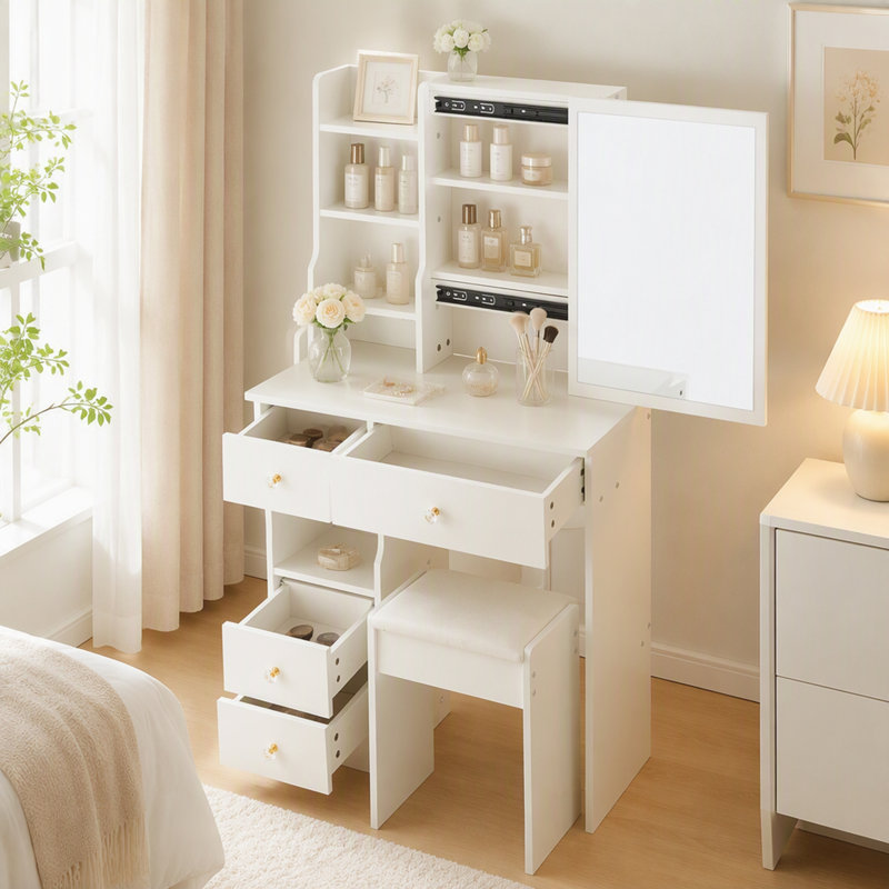 Coiffeuse compacte de 74 cm avec tiroir à gauche et tabouret rembourré, très grand miroir coulissant à droite, rangement multiniveaux haute capacité, commode pratique (version simple)