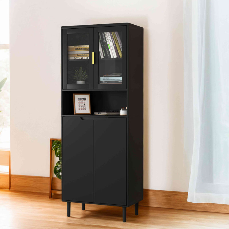 Grande armoire de rangement avec 2 portes vitrées et 2 portes, Noir