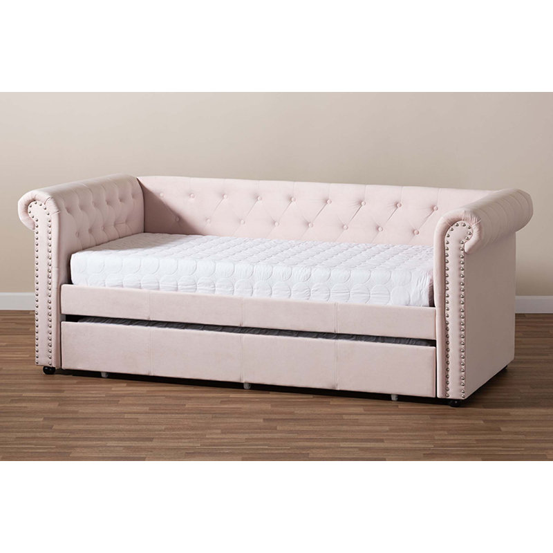 Mickel Upholstered Twin Daybed with Trundle, Pink