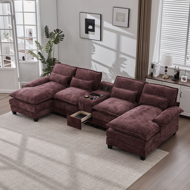 127'' Sectional Couches For Living Room,U Shaped Cloud Couch Sectionals With Console Bluetooth Speaker For Living Room-Wine Red
