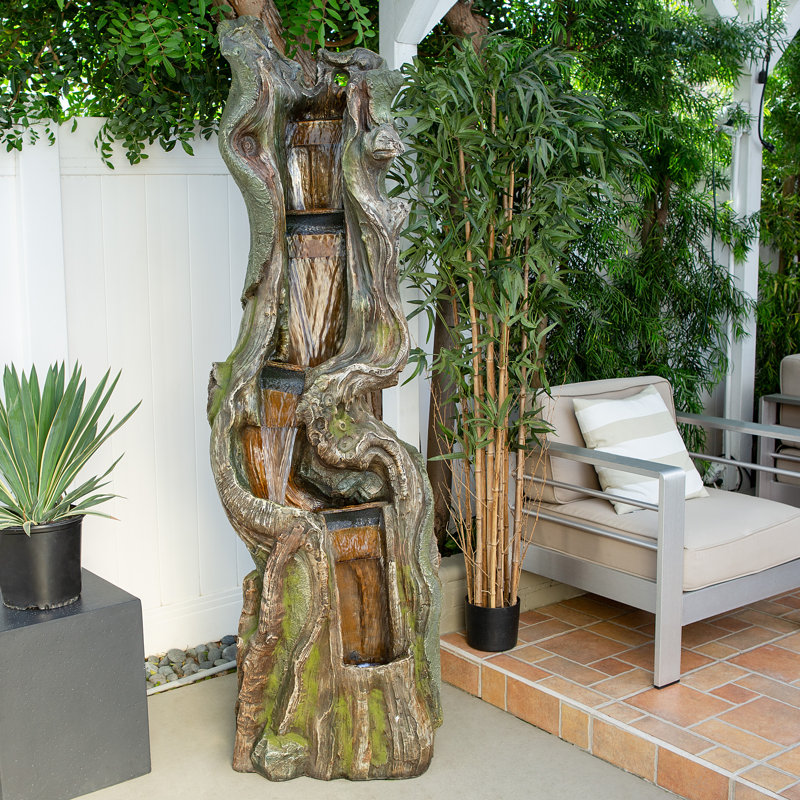 Fiberglass and Resin Tiered Woodcut Fountain, 12" H x 5" W x 8" D
