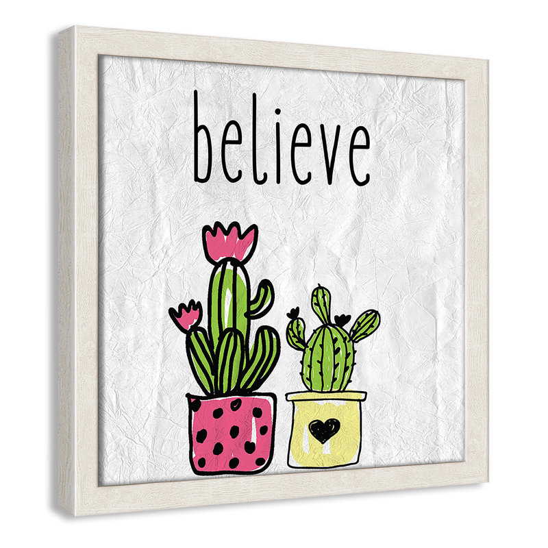 Cactus B, art encadré, 12" H x 12" W x 1.18" D, Encadré de boîte à grain de bois blanc