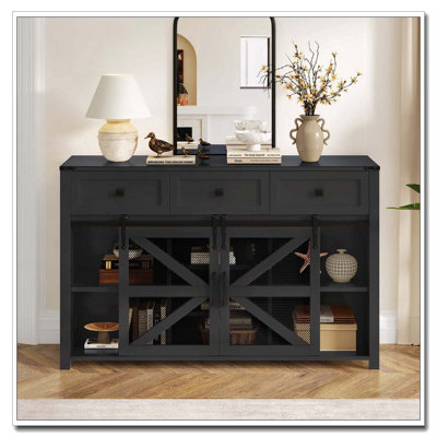55" Sliding Barn Door Sideboard with Drawers, Adjustable Shelves, and Metal Mesh Doors