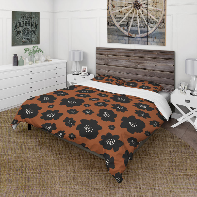 Fleurs noires sur terre cuite - ensemble de housse de couette moderne - microfibre de polyester