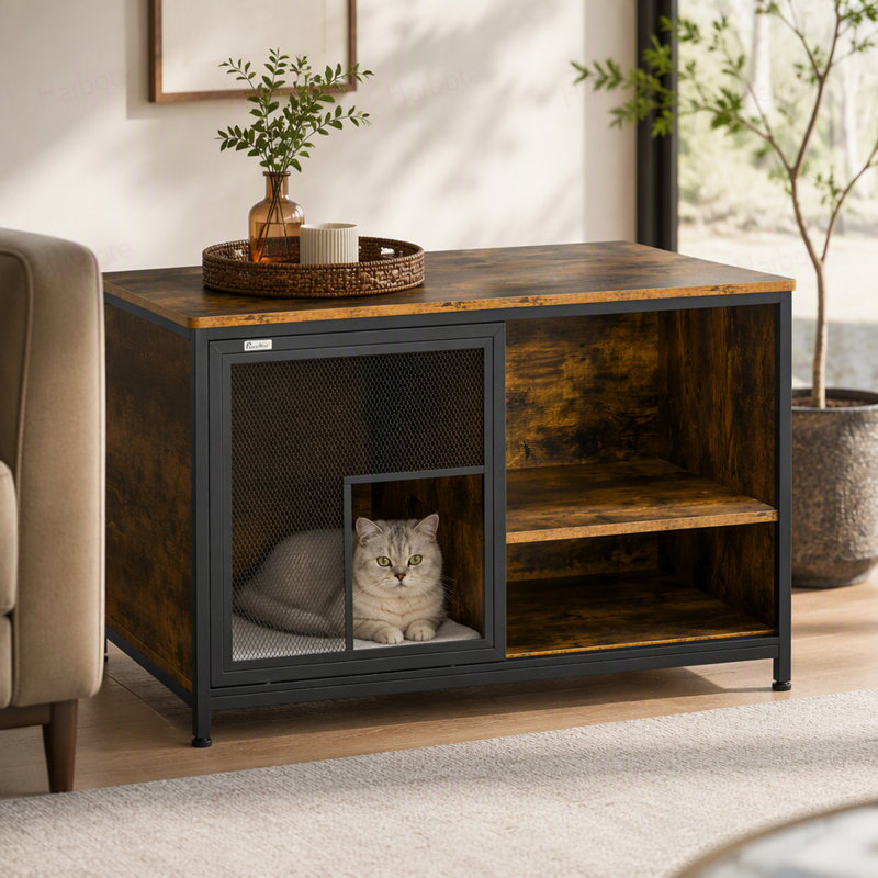 Niche pour chat, cage pour chien style meuble, table d'appoint en bois et acier avec coussin et portes coulissantes