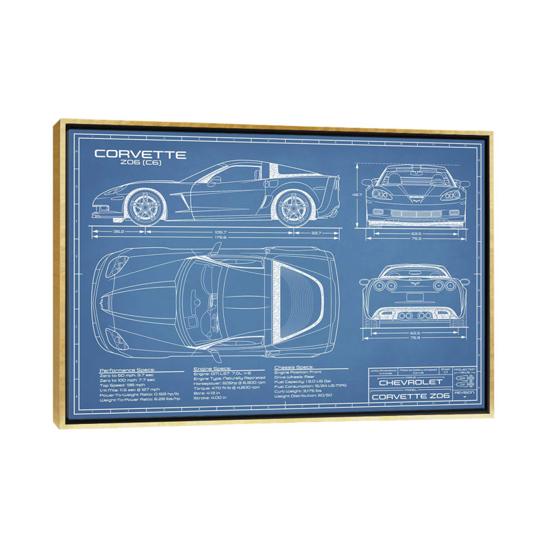 Corvette (C6) Z06 Blueprint-impression de dessin, H 18 po x l 26 po x P 1,5 po, Toile encadrée d'or, Pas de tapis