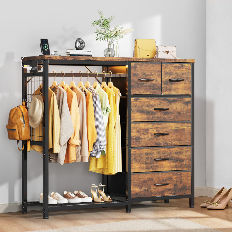 Armoire 6 tiroirs en tissu avec tringle, Brown