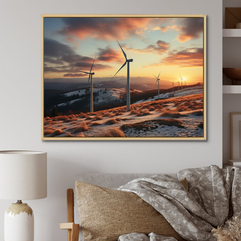 «Sunset Wind Turbines Mountain View II - Wind Turbines», art mural, Cadre flottant brun, H 12 po x l 20 po x P 1 po