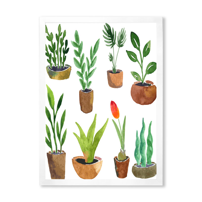 Huit plantes en pot - Peinture sur toile, H 32 po x l 16 po x P 1 po, Cadre photo blanc