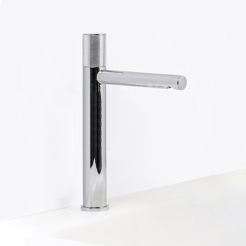 Metro Knurled Long Spout Bathroom Faucet - Vessel - 12" Brass, Polished Chrome