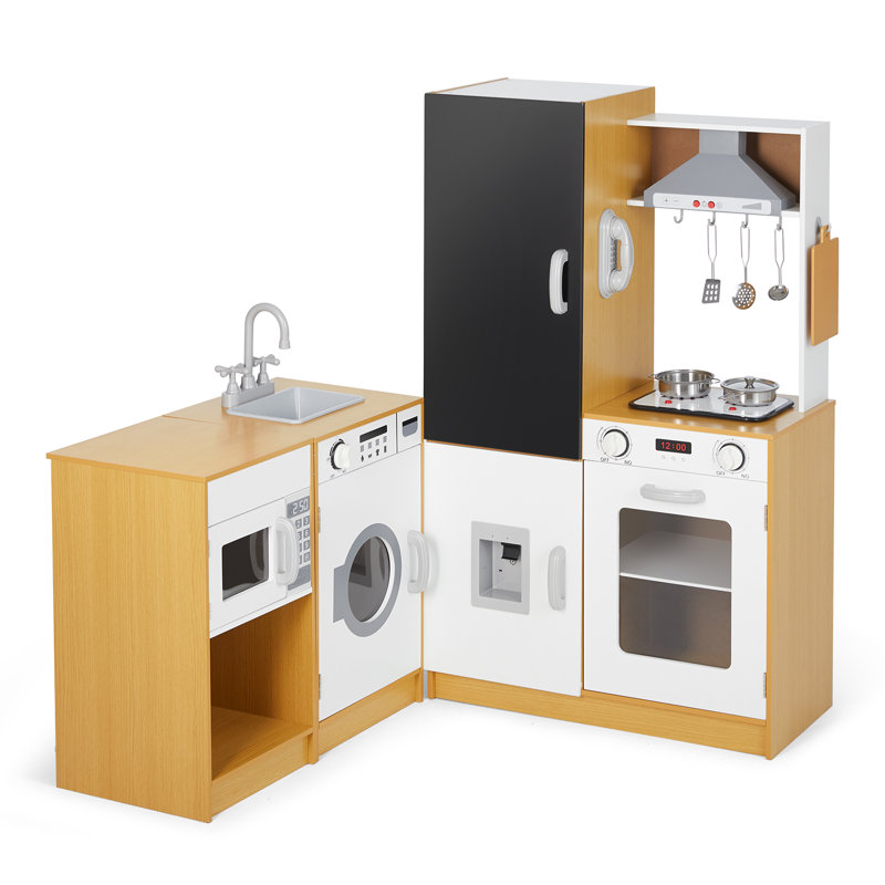 Beige and White Wooden Kids Play Kitchen Set with Real Sound and Light
