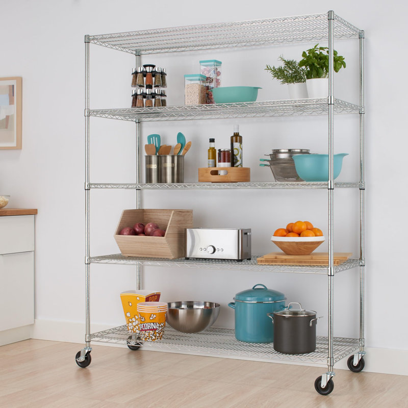 Étagère robuste à hauteur réglable avec roulettes, pieds de nivellement, Chrome, (5 tablettes) H 82 po x l 48 po x P 24 po