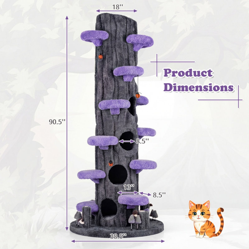 Arbre à chat multifonctionnel autoportant de 230 cm avec niches privées, violet