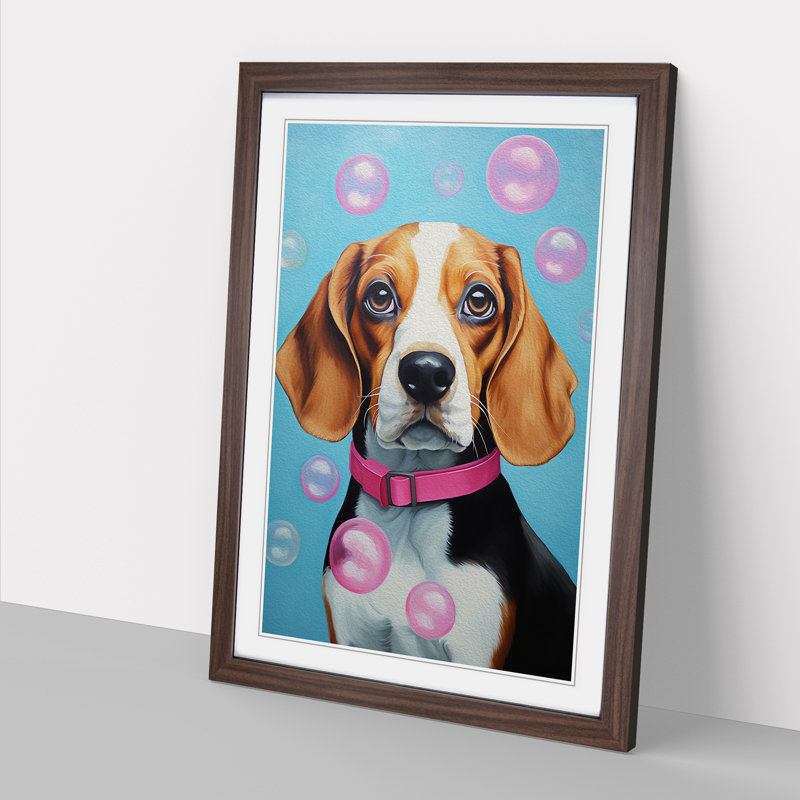 Beagle Bubble Gum - Single Picture Frame Print on Wood, 64cm H x 46cm W x 2cm D, Walnut