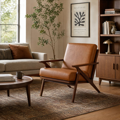 Mid-Century Modern Solid Walnut Leather Accent Lounge Chair
