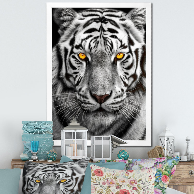 Tigre blanc féroce I - reproduction sur toile, H 20 po x l 12 po x P 1 po, Cadre simple blanc