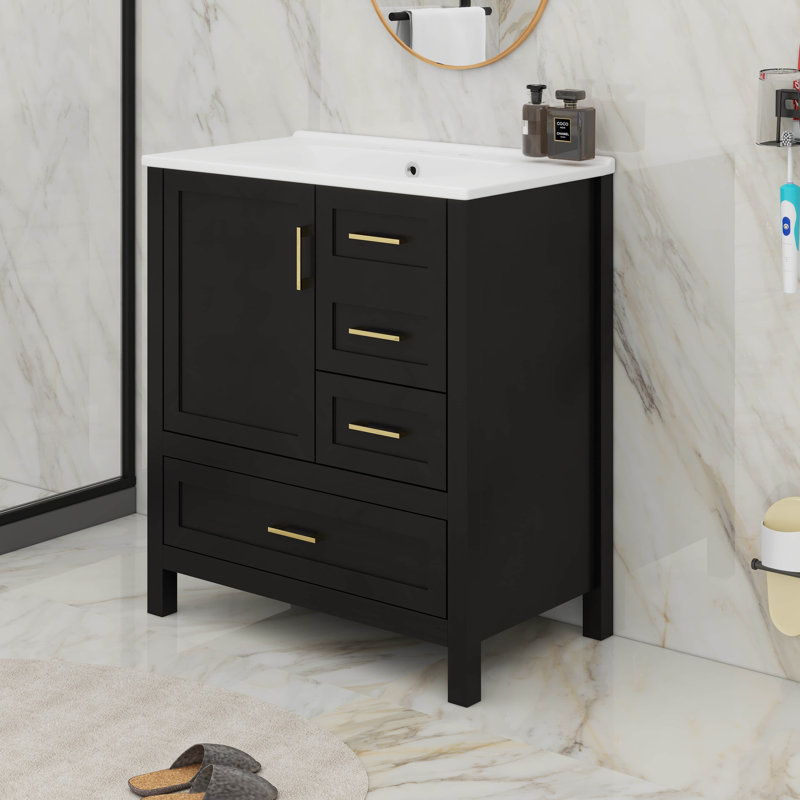 Ensemble de meuble-lavabo avec lavabo 30 po, 3 tiroirs à fermeture douce et plateau amovible, Noir