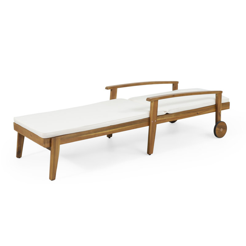 Roomfitters Jason Acacia Wood Outdoor Chaise Lounge with Cushion, Adjustable Recline, Teak and Beige, Brown Wood, White