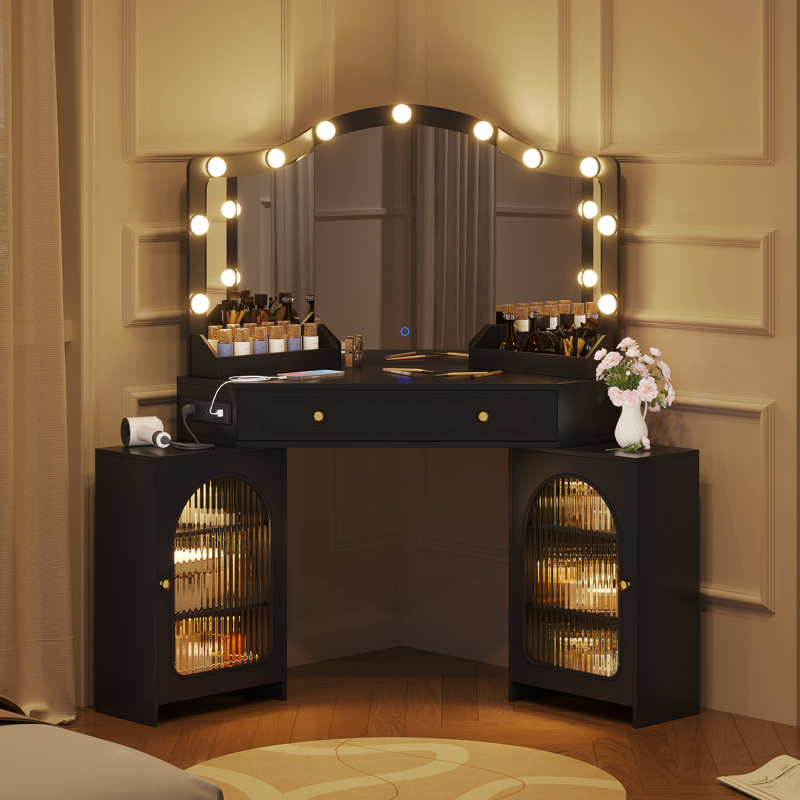 Grand meuble-lavabo avec miroir à DEL et prise de courant, table de maquillage d'angle avec tiroirs, 2 tablettes et 2 armoires de rangement
